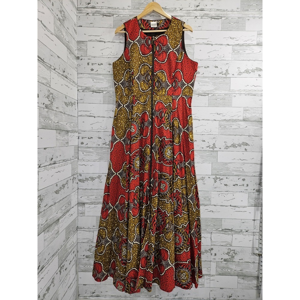 Gitas Portal African Wax Print Maxi Dress Red Mustard Yellow Sleeveless Size 20